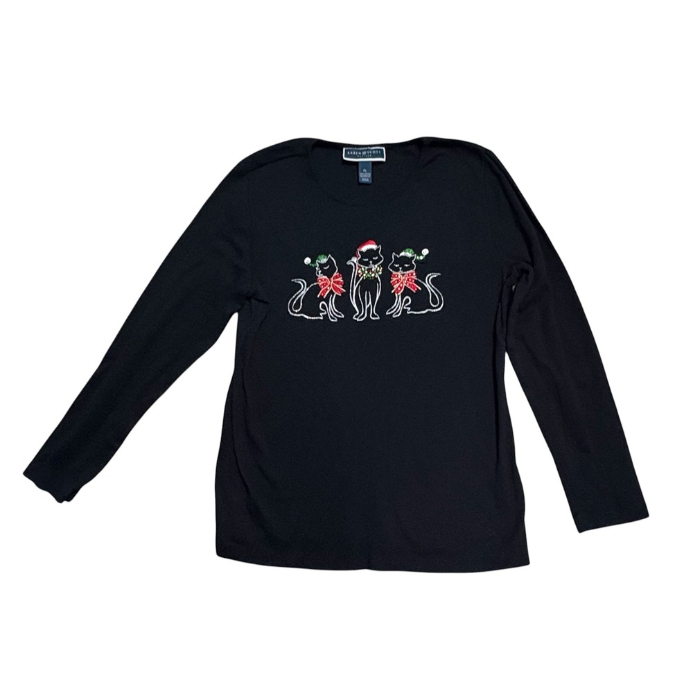 Karen Scott Top Women PL Black Christmas Cats Long Sleeve Cotton Tee